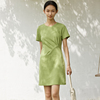 indicia 连衣裙绿色短袖纯色裙子圆领露背2023夏季时尚标记女装