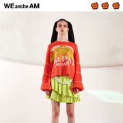 WEancheAM原创设计师花朵短款橘色毛衣罗纹泡泡袖宇宙图案涂鸦