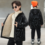 童装皮衣外套加绒加厚中大童夹克2023韩版儿童中长款冬装男童