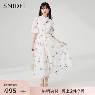 SNIDEL春夏款优雅翻领开衩袖腰带碎花雪纺连衣裙SWFO232050