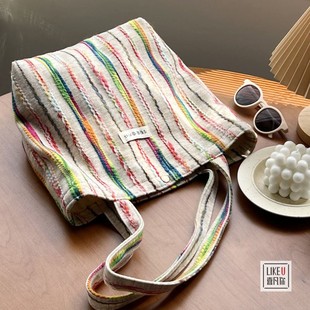 原创设计韩版ins彩虹条纹慵懒风帆布重工立体刺绣百搭托特女包包