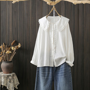 秋季大码200斤韩版洋气娃娃领衬衫，设计感小众百搭长袖宽松白上衣(白上衣)