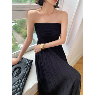 WANGXO黑色无袖吊带抹胸连衣裙女夏季2023设计感长款针织裙子