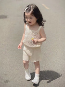 女童森系镂空针织，吊带衫短裤套装2023夏季韩版小宝宝洋气衣服