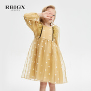 瑞比克/RBIGX童装 花朵刺绣网纱女童春季长袖连衣裙中长款公主裙