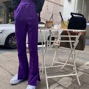 韩版冬装时尚紫色高腰，加厚毛呢开叉裤显瘦直筒裤微喇叭休闲裤