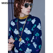 MIXSEVEN原创设计复古深宝蓝色男士亲肤套头毛衣保暖羊毛针织衫
