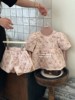 粉色女童衍缝玫瑰套装高领泡泡袖外套上衣短裤打底衫三件套装2023