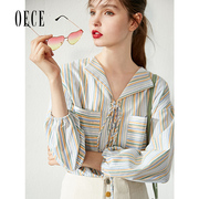 Oece春装女装 复古港味设计感小众系带长袖上衣条纹衬衫