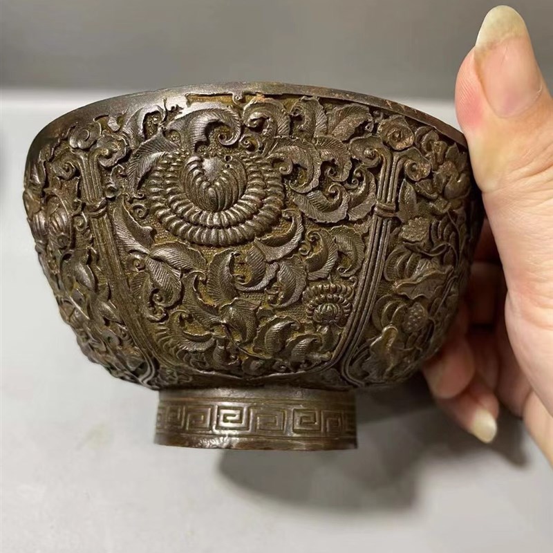 古玩铜器收藏仿古做旧宣德年制百子铜碗老物件家居茶道工艺摆件
