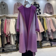紫色浴袍款连帽系带修身2023秋冬女中长款韩版修身羊毛呢外套