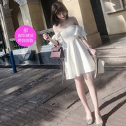 2024夏季女装名媛甜美气质，修身白色一字领露肩，连衣裙优雅小礼服潮