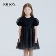 RBIGX瑞比克童装短袖设计感黑色蓬蓬公主裙仙女裙网纱连衣裙女童