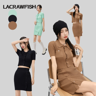 lacrawfish薄荷曼波风辣妹套装，短款针织polo衫，t恤包臀短裙两件套