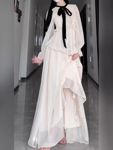 法式气质长袖连衣裙仙女高级感优雅收腰显瘦荷叶边雪纺长裙子