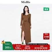 Mixblu卡其绿收腰长袖连衣裙女秋季2023设计感小众不规则裙子