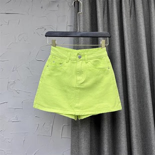 荧光绿色a字牛仔短裙女夏装，2023韩版糖果，色阔腿短裤显瘦热裤