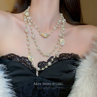 长款大珍珠项链旗袍毛衣链大气，高档多层叠，戴锁骨(戴锁骨)链女款装饰配饰品