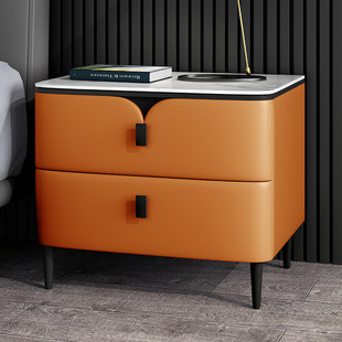 现代简约松木艺术软包全实木床头柜岩板整装床边柜卧室橙色储物柜
