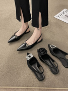 法式平底黑色包头拖鞋，女2023年夏季花朵，装饰女鞋温柔气质单鞋