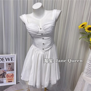 法式优雅A字型V领背心连衣裙仙女气质白色水钻纽扣JaneQueen秋季