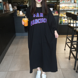 2023春季韩国东大门字母，蝙蝠袖宽松大码长款短袖t恤裙连衣裙女棉