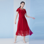 EMOO杨门2024夏季红色连衣裙贵气晚礼裙纯色高腰长裙修身裙