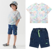 100-155韩系童装，男女童深牛仔蓝荧光绿抽绳大口袋短裤