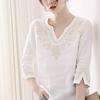 棉质v领衬衫女精致手工重工花型刺绣宽松中长弧形领白色7分袖t恤