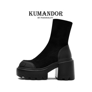 kumandor秋冬百搭厚底弹力袜，靴女黑色瘦瘦靴高跟女靴子