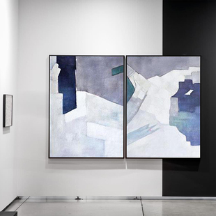 纯手绘油画蓝白灰色调，挂画现代简约色块，抽象画客厅二联大尺寸挂画