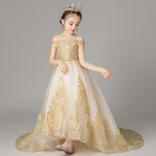 结婚花童礼服女童钢琴演奏演出服小女孩一字肩主持高端舞台公主裙