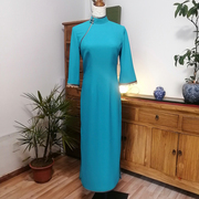 中式改良淑女旗袍高级感日常可穿收腰显瘦减龄蓝色雪纺连衣裙长款
