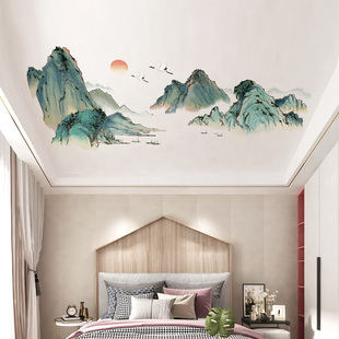 中国风山水风景画天花板，装饰贴纸房间卧室，墙纸自粘壁纸墙贴画遮丑