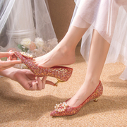 秀禾服婚纱两穿婚鞋女优雅高级感法式细跟中式新娘鞋红色高跟鞋