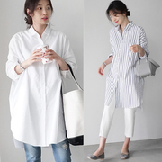 2024春季韩版女装宽松bf风中长款条纹长袖衬衫，女宽松白色衬衣
