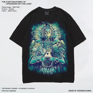 泰国潮牌3D图腾立体印花纯棉男女款中性暗黑摇滚个性潮流短袖T恤