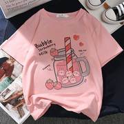 粉色T恤女2021韩版草莓果汁印花宽松T恤女学生短袖设计感小众上衣