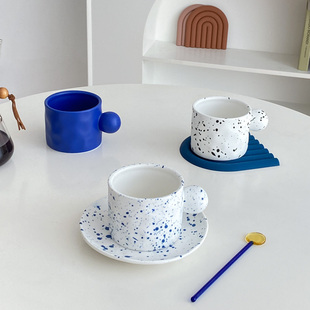北欧风蓝色简约陶瓷咖啡杯碟 喝水杯 把手马克杯釉下彩创意ins风