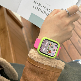 芭比粉荧光绿se适用iwatch表带s9硅胶，苹果applewatch手表s8保护壳