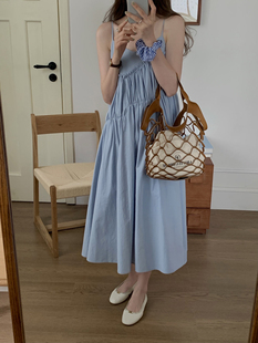 chancustom吊带连衣裙，女法式甜美温柔蓝色花边，设计感小众长裙子