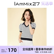 IAmMIX27短袖套头针织衫女个性撞色条纹短款泡泡袖POLO领针织上衣