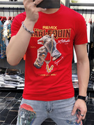 男士红色t恤夏季欧洲站潮牌高端纯棉，男修身印花短袖2022上衣