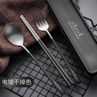 onlycook便携餐具三件套不锈钢筷勺套装收纳盒，学生筷子勺子叉子
