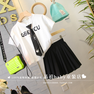 品牌童装女孩夏季韩版女童潮范领带短袖t恤百褶短裙两件套装