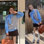  韩版 蝴蝶结系带衬衫vs保暖毛线马甲套装