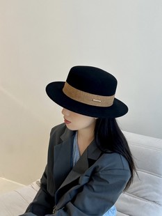 法式高品质黑色羊毛呢礼帽英伦，复古风女气质简约平沿平顶爵士帽子