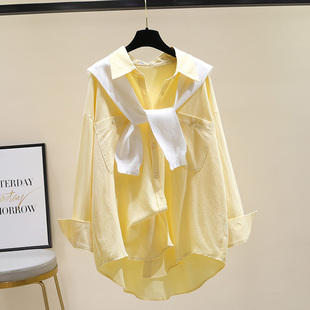 两件套披肩白色衬衫女2024春装新时尚(新时尚)宽松黄色衬衣休闲设计感上衣