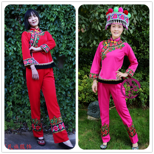 花边彝族女套装玫红，大红色长袖长裤彝族女装，民族服饰裤子装舞蹈
