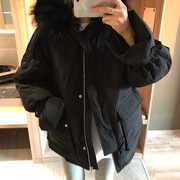 黑色大毛领羽绒服女冬季韩版拉链宽松加厚保暖中款外套